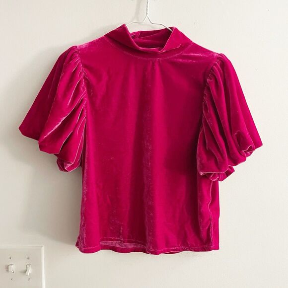 Free People Hot Pink Velvet Puff Sleeve Mock Neck Tee Women Small Luxe Romantic - Picture 2 of 9